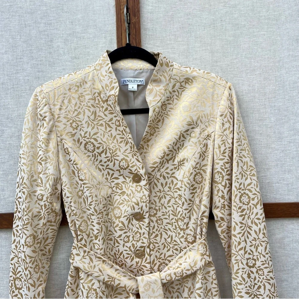 Pendleton Vintage 80s Gold Lame Cream Floral Brocade Belted Lined Blazer Jacket - Picture 6 of 16